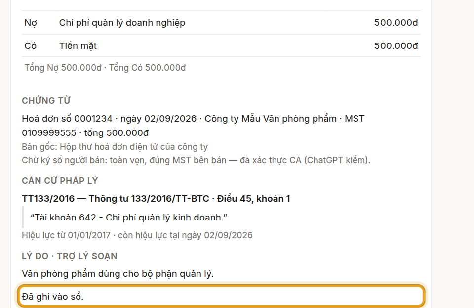 Bấm «Duyệt» — bút toán vào sổ, thẻ báo đã ghi.