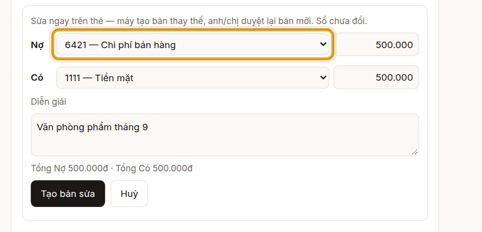 Bấm «Sửa» để đổi tài khoản hoặc số tiền — ở đây đổi sang 6421.