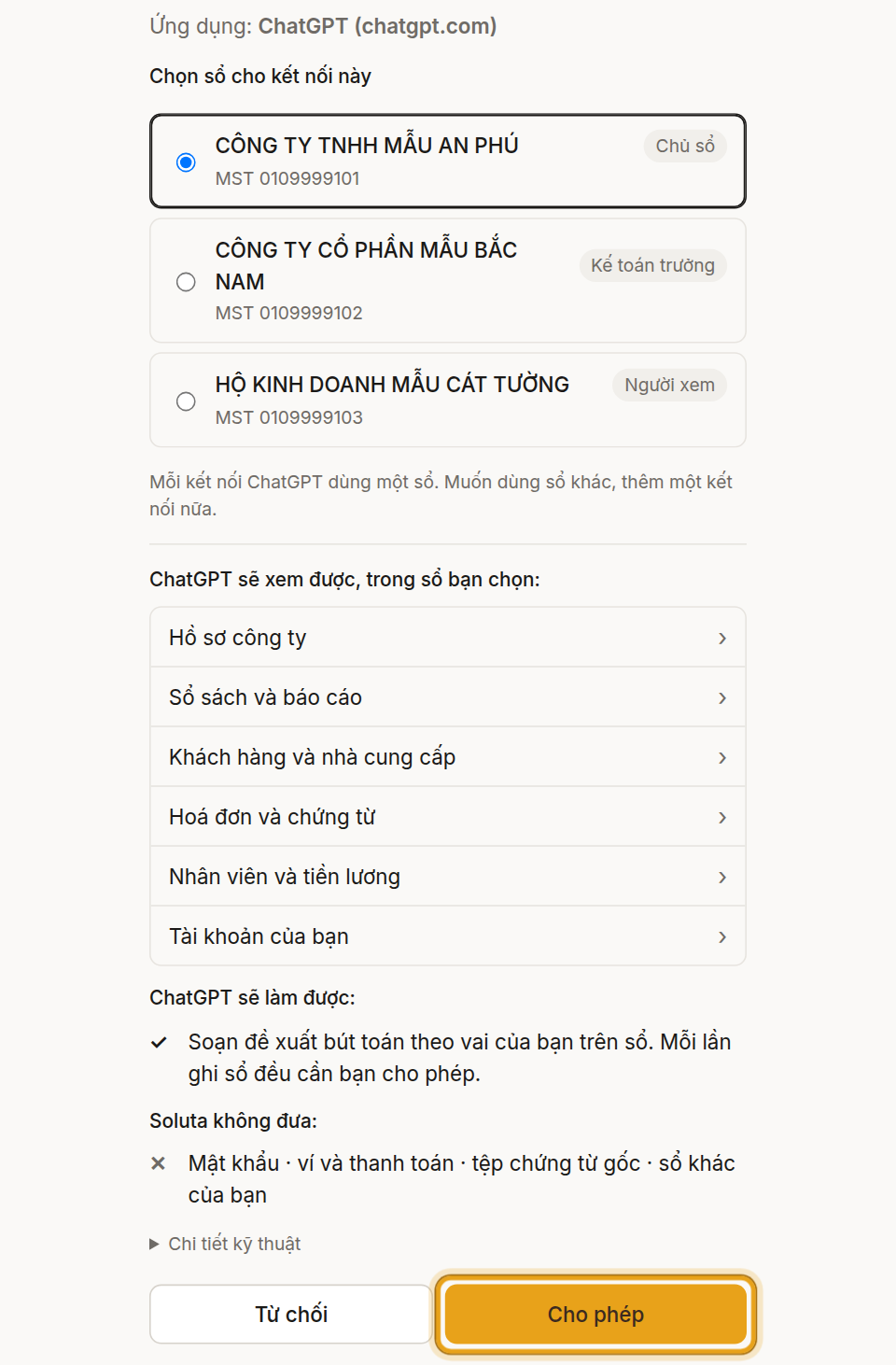 Chọn công ty cần kết nối, rồi bấm «Cho phép».