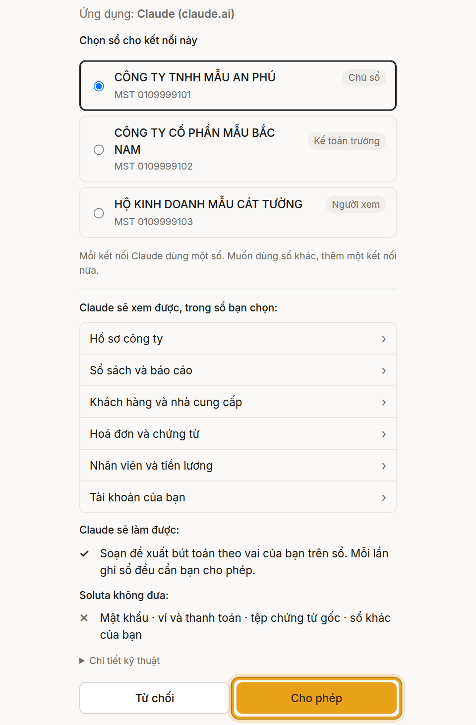 Chọn công ty cần kết nối, rồi bấm «Cho phép».