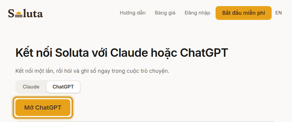 Mở soluta.vn/ket-noi, chọn «ChatGPT», bấm «Mở ChatGPT».