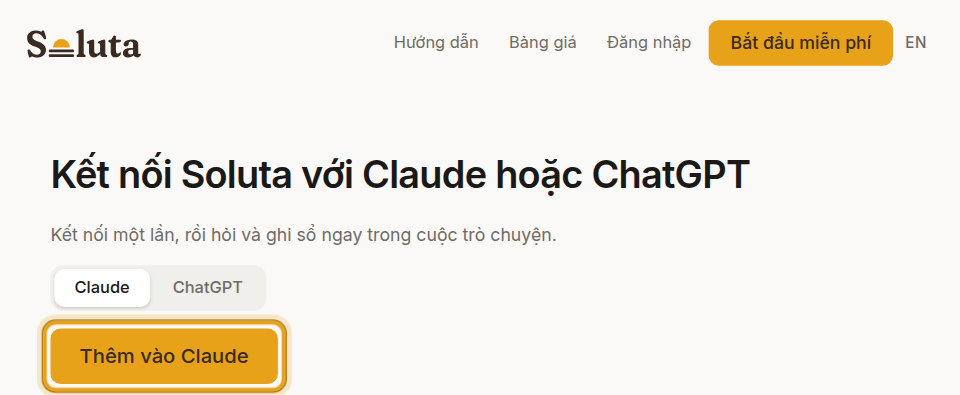 Mở soluta.vn/ket-noi, bấm «Thêm vào Claude».