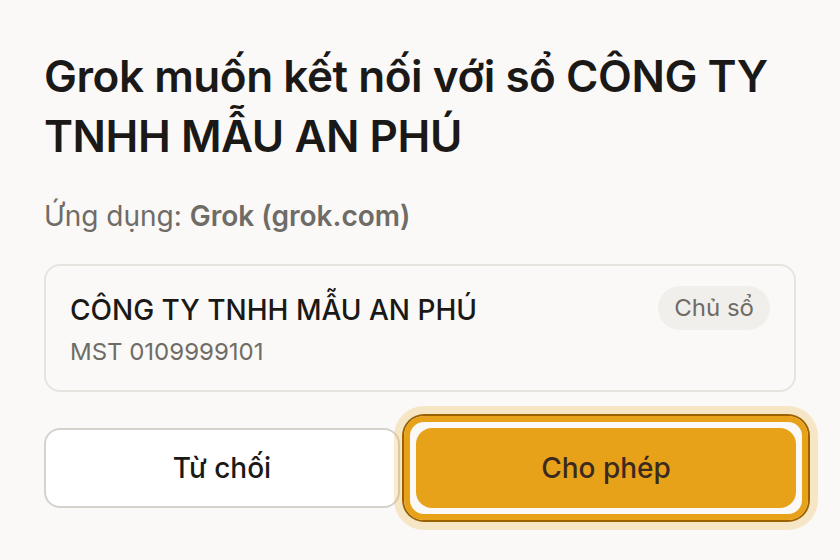 Màn Cho phép của Soluta khi kết nối từ Grok: tên công ty, nút Từ chối và Cho phép